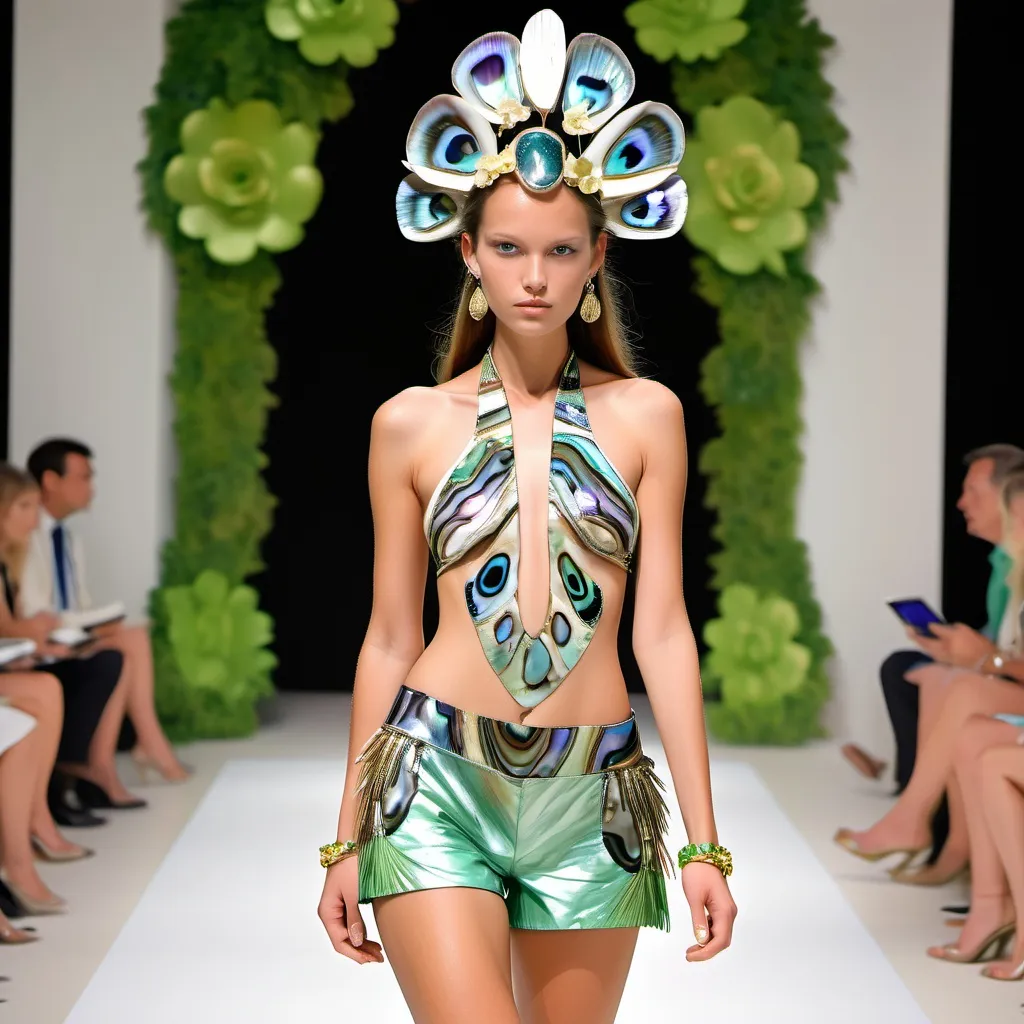 Prompt: Monaco Bulgarian swedish female model with cartier in whimsical gorgeous Chen Lu style, with extravagant aestheticism,  featuring abalone and Mother of pearl and black aqua yellow gold silver violet chrome chartreuse emilio pucci Valentino fitted halter top and fitted white abalone shorts as a full length body photo on runway with floral sandals and Polynesian Cartier micro orchid abalone headdress with emeralds