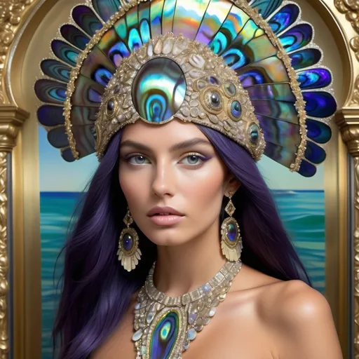 Prompt: a Monaco Bulgarian swedish French gorgeous female model with navy hair and lavish cartier with whimsical gorgeous extravagant  exotic aestheticism,  featuring violet white platinum gold abalone and Mother of pearl vibrant beaded zuhair Murad  ornate Swarovski abalone gown as a Sandro Botticelli portrait painting with large Balinese Polynesian Cartier gold  headdress with green abalone