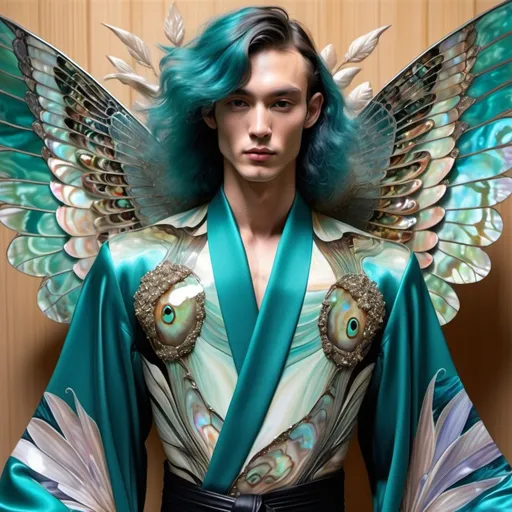 Prompt: Magnificent whimsical French  abalone black and white watercolor bamboo leaf iris van herpen jeweled Armani kimono suit on a vibrant teal hair swedish Japanese Korean slender masculine muscular attractive tan tall male model and with six long abalone angel wings in center of back as a Sandro Botticelli painting