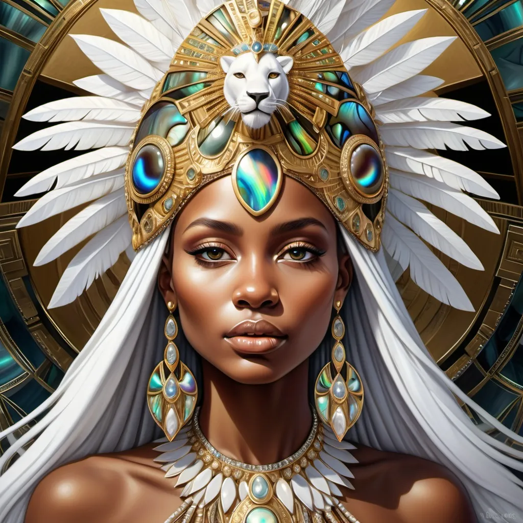 Prompt: Gorgeous white Bulgarian goddess from south Africa with an ornate regal jeweled gold abalone headdress and a lion behind her, , Chinwe Chukwuogo-Roy, futurism, highly detailed digital painting, a photorealistic painting