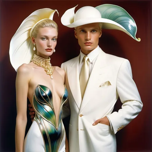 Prompt: Valentino Armani 1990's Hollywood chrome CALLA LILY outfits in white with gold Cartier accents and white mother of abalone pearl on swedish slender tall gorgeous female and male model with platinum blonde hair as a Sandro Botticelli full body elegant fashion editorial French couple portrait painting featuring two people and with mother of pearl and large abalone headdress in Monaco showgirl casino