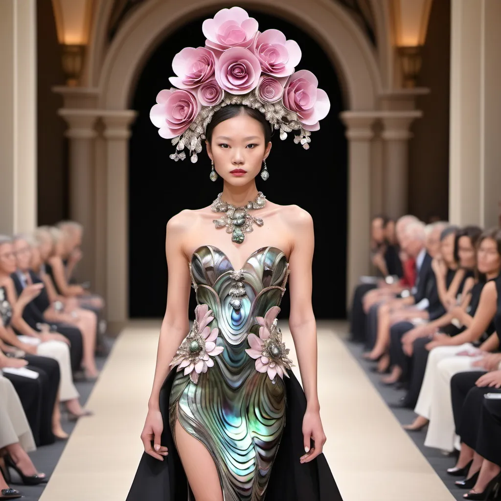 Prompt: Monaco female model with cartier rose, whimsical gorgeous Chen Lu, aestheticism,  featuring abalone and Mother of pearl and black Tony Ward  Valentino fitted gown full length body photo on runway with floral heels Large Balinese micro orchid abalone headdress