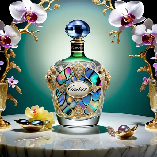 Prompt: Cartier Gatsby extravagant luxury 1990's 1920's  chinoiserie white shiny luminous abalone mother of pearl elaborate silk white platinum gold penthouse martini bar room with micro orchids with yellow coral green abalone and featuring pink violet jade chartreuse pearl diamond blue black and floral calligraphy art as a Sandro Botticelli painting in transcendent psychedelic style