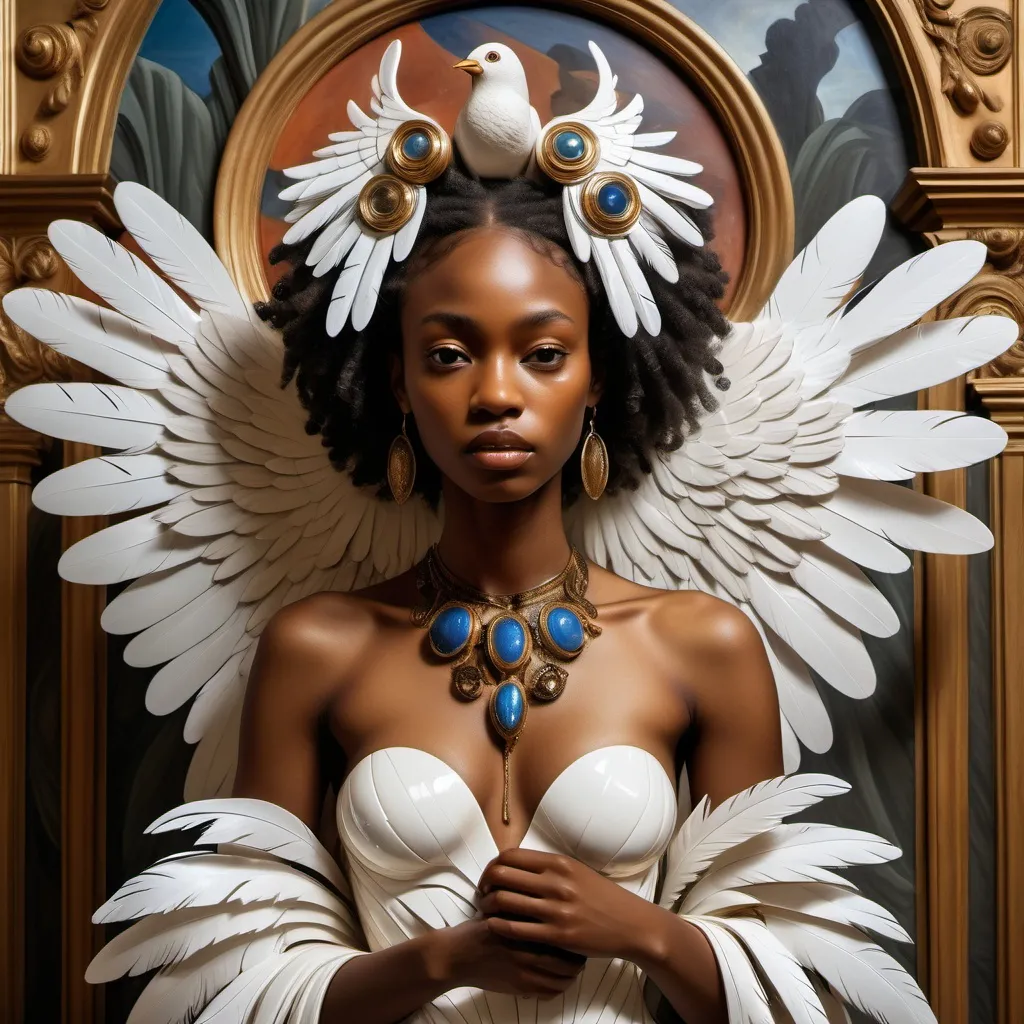 Prompt: a woman with white feathers and a dress with a bird on it's chest and wings on her back, Chinwe Chukwuogo-Roy, afrofuturism, beautiful detailed, a marble sculpture as a Sandro Botticelli painting