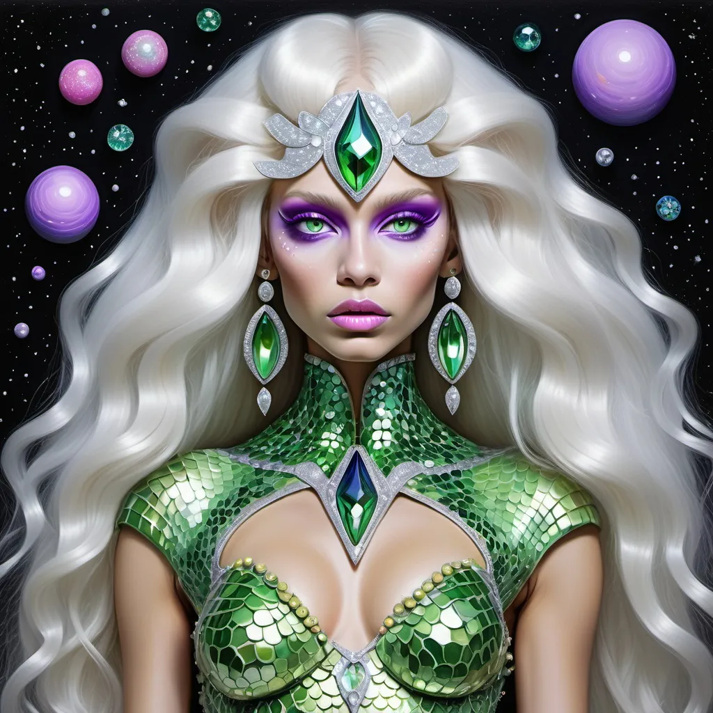 Prompt: Alien martian dreamy cosmic genie Indian  extraterrestrial platinum blonde hair and bright green alien dragon scale mermaid scale skin texture with pink eyes in zuhair Murad beaded fitted embellished pearly white luminous platinum silver chrome violet white pearl opal diamond Swarovski crystal costume gown as a Sandro Botticelli full body cosmic planetary Star Trek Green alien goddess dancer painting with large Cartier royal jewels and mother of pearl milky way green themed