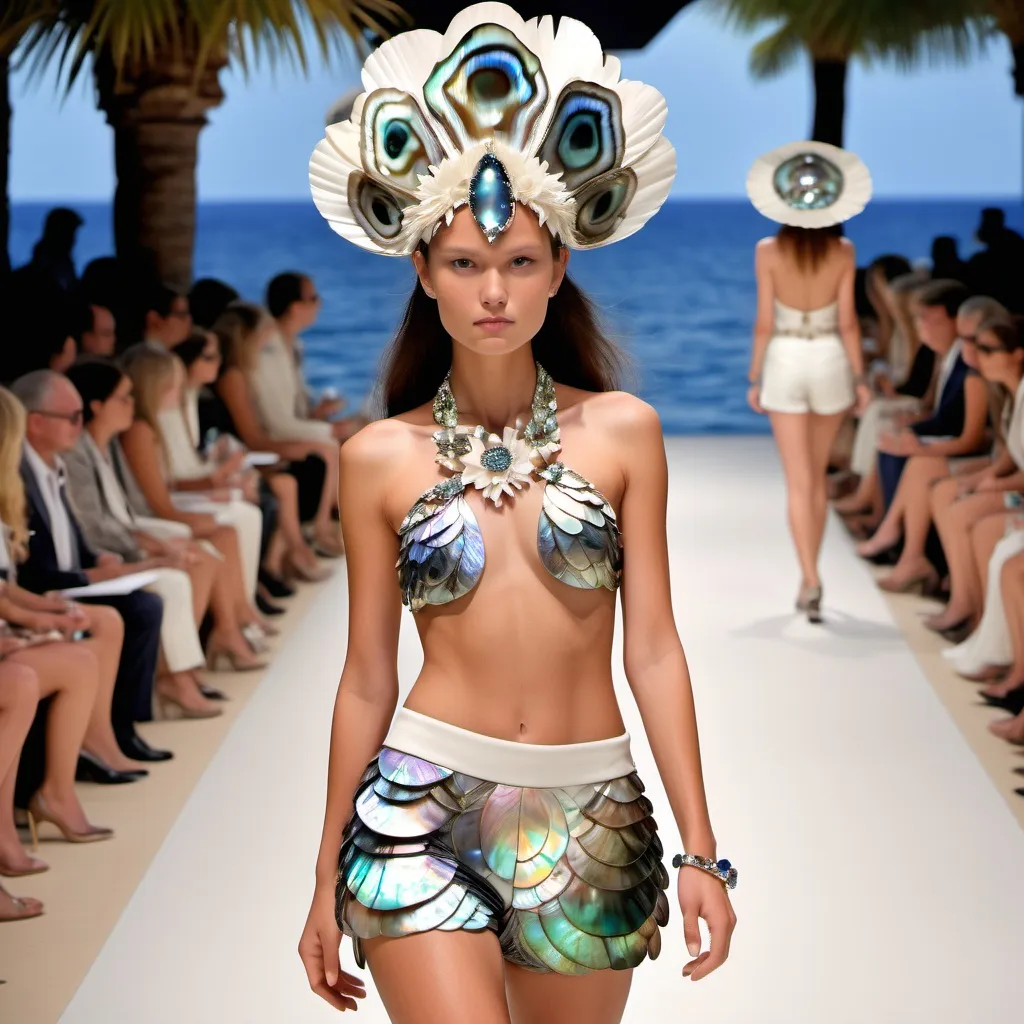 Prompt: Monaco Bulgarian swedish female model with cartier in whimsical gorgeous Chen Lu style, with extravagant aestheticism,  featuring abalone and Mother of pearl and black Tony Ward  Valentino fitted halter top and white abalone shorts as a full length body photo on runway with floral sandals and Polynesian Cartier micro orchid abalone headdress