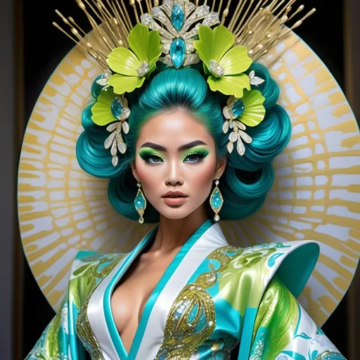 Prompt: Divine Angelic gorgeous feminine goddess Polynesian Hawaiian Balinese Thai Japanese geisha miss japan miss universe extravagant costume with vibrant turquoise styled hair and green eyes in zuhair Murad beaded fitted kimono gown in embellished pearly white blue gold chartreuse lime green pastel blue luminous blue topaz platinum silver chrome white pearl opal diamond Swarovski crystal as a Sandro Botticelli full body painting with large Cartier royal floral jewels and mother of pearl and white abalone aquamarine emerald citronite chartreuse micro orchid headdress with pearls blue lotus