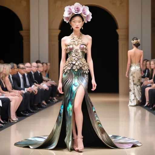 Prompt: Monaco female model with cartier rose, whimsical gorgeous Chen Lu, aestheticism,  featuring abalone and Mother of pearl and black Tony Ward  Valentino fitted gold gown full length body photo on runway with floral heels Large Balinese micro orchid abalone headdress