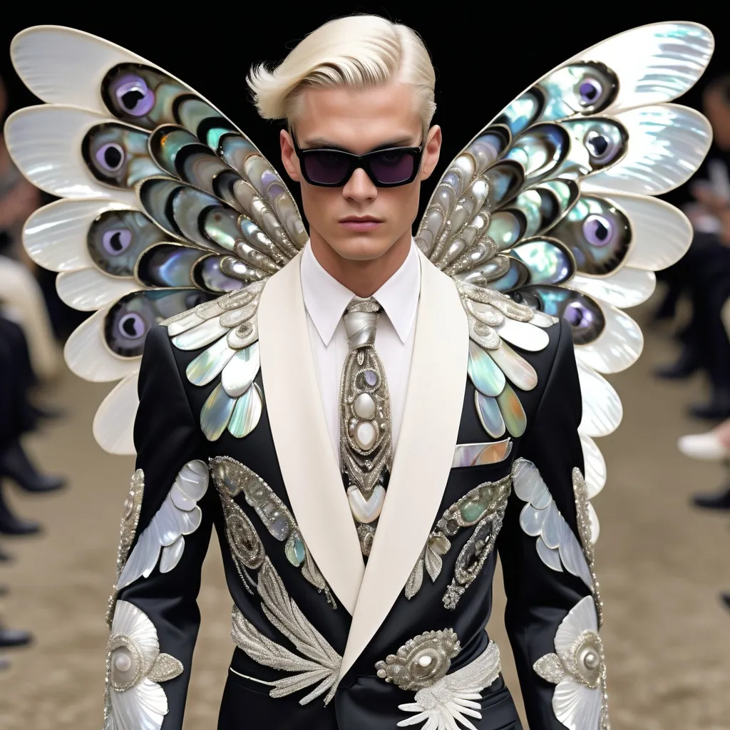 Prompt: Chanel Armani Gatsby extravagant luxury 1990's 1920's 1940's fashion in 
Black and white mother of pearl abalone on swedish Monaco slender tall gorgeous masculine muscular tan stunning male model in elaborate beaded 1920's Chanel japanese fitted kimono iris van herpen silk embroidered suit with white shiny ornate ABALONE ANGEL WINGS and with lavender hair as a Sandro Botticelli Portrait full body painting in Monaco casino