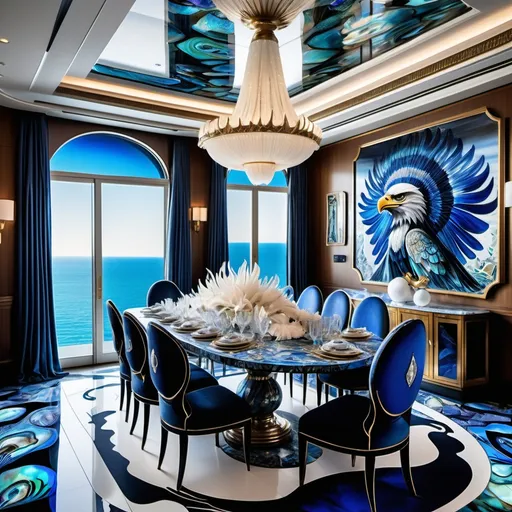 Prompt: 1920's Indian psychedelic Elaborate jewel beaded abalone eagle feathers murals Swarovski black and white and blue and indigo Monaco Indian Dubai Egyptian  yacht dining room with ocean view windows and elegant pearl abalone decor and tall micro orchids as a Sandro Botticelli painting interior design with blue watercolor abalone marble floor and eagle statue made of fire opal and abalone