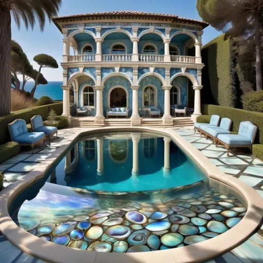 Prompt: Blue abalone and mother of pearl whimsical enchanted outdoor pool in extravagant Ocean mansion as a Sandro Botticelli painting with dreamy blue hues