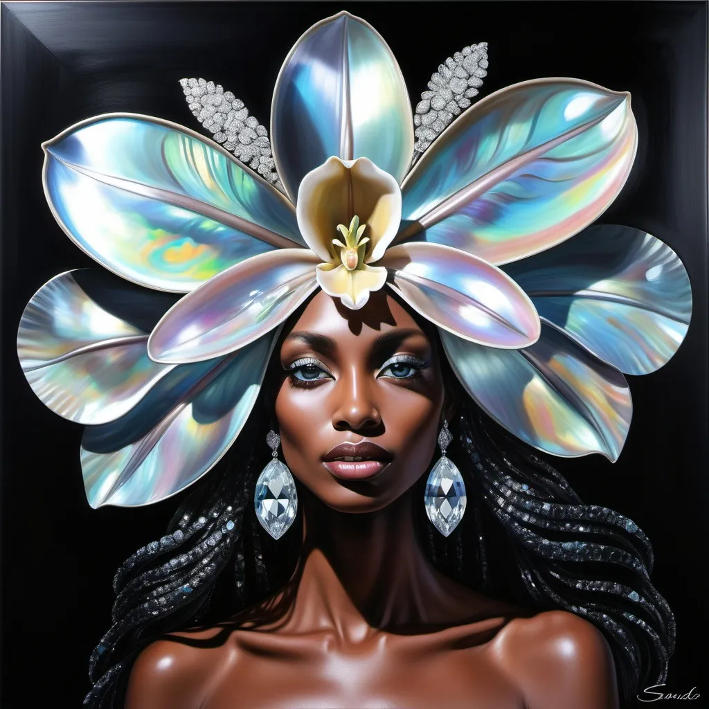 Prompt: Large 3d elaborate Royal cartier diamond orchid Platinum abalone on a sleek luminous silk black French Monaco palm beach black African black skin blue eyed model  as a Sandro Botticelli  
Full body portrait painting with a large 3d orchid shaped crystal headpiece