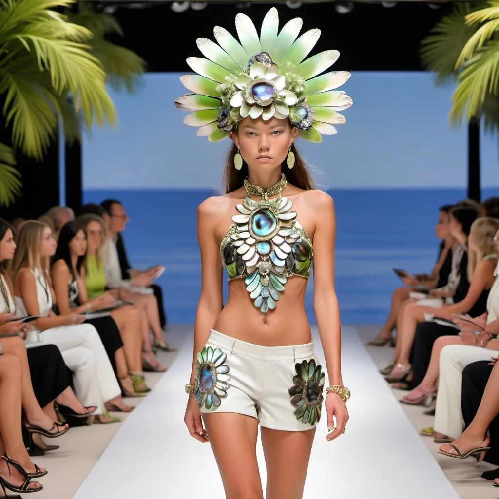 Prompt: Monaco Bulgarian swedish female model with cartier in whimsical gorgeous Chen Lu style, with extravagant aestheticism,  featuring abalone and Mother of pearl and black chartreuse Gucci Valentino fitted halter top and fitted white abalone shorts as a full length body photo on runway with floral sandals and Polynesian Cartier micro orchid abalone headdress