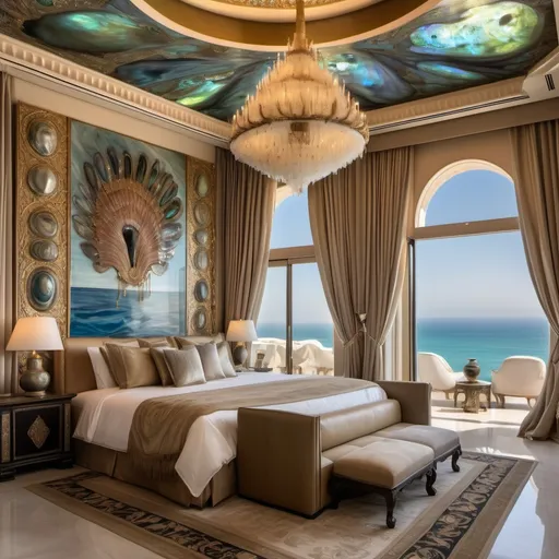 Prompt: Egyptian Dubai royal Mediterranean Balinese penthouse bedroom covered in abalone and abalone silk and as a Sandro Botticelli painting with elaborate abalone chandeliers and high ceilings and ocean views