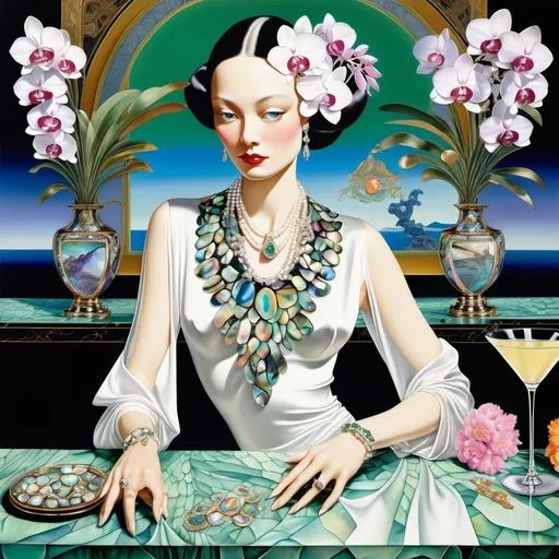 Prompt: Cartier Gatsby extravagant luxury 1990's 1920's  chinoiserie white shiny luminous abalone mother of pearl elaborate silk white platinum gold penthouse martini model in bar room with micro orchids with yellow coral green abalone and featuring pink violet jade chartreuse pearl diamond blue black and floral calligraphy art as a Sandro Botticelli painting in transcendent psychedelic style