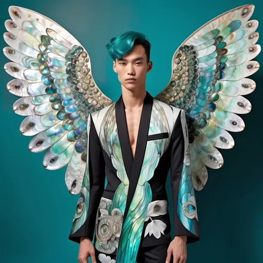 Prompt: Magnificent whimsical French  abalone black and white watercolor iris van herpen jeweled Armani kimono suit on a vibrant teal hair swedish Japanese Korean slender masculine muscular attractive tan tall male model and with four abalone angel wings in center of back as a Sandro Botticelli painting