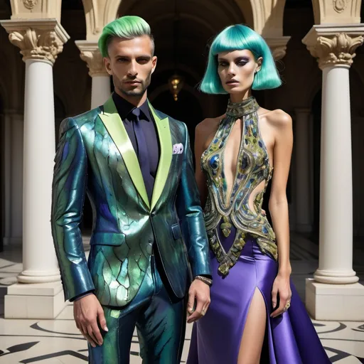 Prompt: a handsome male Catalan  swedish divine sacred male model with green hair and blue abalone Armani suit and a Monaco Bulgarian swedish French gorgeous female model with navy hair and lavish cartier with whimsical gorgeous extravagant  exotic aestheticism,  featuring violet lavender gold abalone and Mother of pearl and chartreuse vibrant beaded zuhair Murad rami al ali fitted ornate Swarovski abalone gown as a Sandro Botticelli portrait painting with large Balinese Polynesian Cartier gold  headdress with green abalone