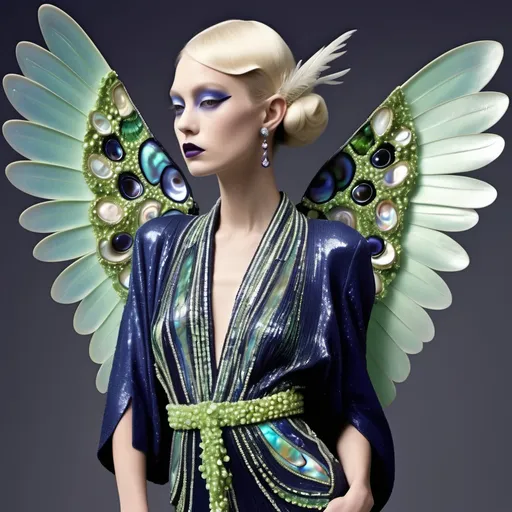 Prompt: Chanel Armani Gatsby extravagant luxury 1990's 1920's 1940's fashion in Navy indigo lime green aqua violet black abalone on swedish Monaco slender tall gorgeous female in elaborate beaded 1920's Chanel japanese fitted kimono  iris van herpen gown with chartreuse ABALONE ANGEL WINGS and with platinum chartreuse hair as a Sandro Botticelli painting portrait featuring two people and with psychedelic large Abalone  background and green abalone goddess headdress with raffia palm