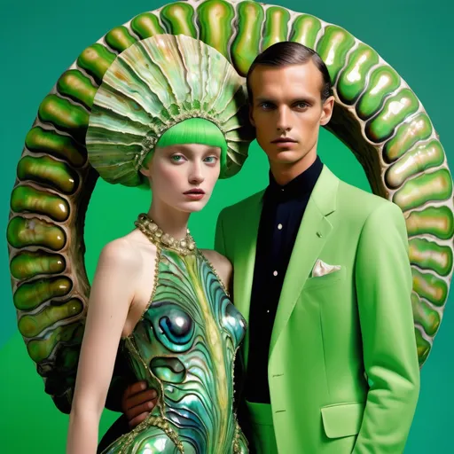 Prompt: Valentino FERRAGAMO Armani 1990's 1920's ornate seaweed Hollywood gown with vibrant neon green abalone on Irish  Caribbean green skinned slender tall gorgeous female and male model with green skin vibrant short lime green hair as a Sandro Botticelli full body elegant fashion editorial French couple portrait painting featuring two people and with psychedelic large green abalone SHELL palm headdress with and diamonds emeralds