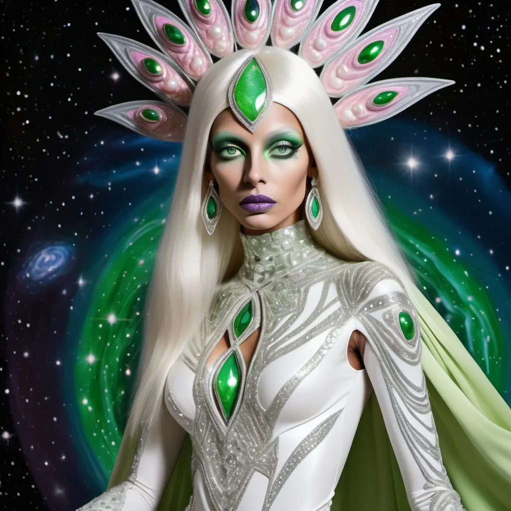 Prompt: Alien martian dreamy cosmic genie Indian  extraterrestrial platinum blonde hair and green alien skin with pink eyes in zuhair Murad beaded fitted embellished pearly white luminous platinum silver chrome violet white pearl opal diamond Swarovski crystal costume gown as a Sandro Botticelli full body cosmic planetary Star Trek Green alien goddess dancer painting with large Cartier royal jewels and mother of pearl milky way green themed