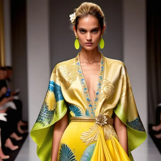 Prompt: rahul mishra oscar de la renta Hawaiian yellow pheonix and plumeria exotic dragon thai kimono gown island outfit | gorgeous vibrant feminine gorgeous tan monaco casino female styled updo golden metallic hair blue eyes divine elaborate nepal greek sun goddess seraphim India Couture embellished abalone yellow topaz neon yellow gold lime chartreuse silk Indian Royal gown fashion with opals platinum gold and abalone Swarovski gold abalone headdress as a Sandro Botticelli painting