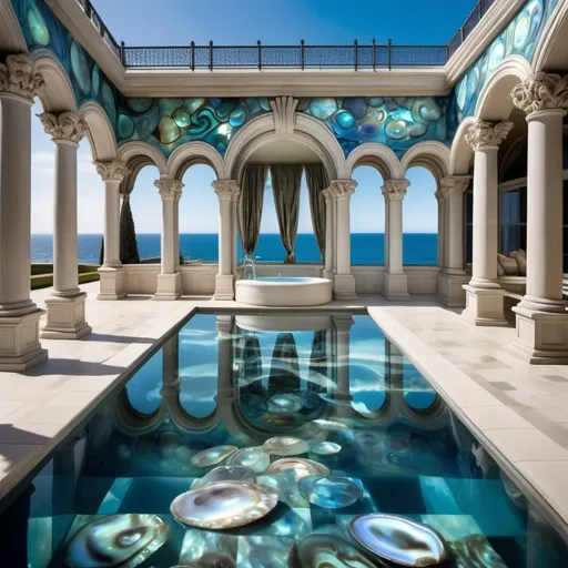 Prompt: Blue abalone and mother of pearl whimsical Renaissance enchanted executive penthouse outdoor pool in extravagant Ocean mansion as a Sandro Botticelli painting with dreamy blue hues