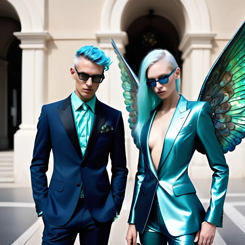 Prompt: a handsome male Catalan polish swedish divine sacred male model with blue hair and blue abalone Armani silk suit and iris van herpen arch Angel Michael wings a Monaco Bulgarian swedish French gorgeous female model with aqua hair and lavish cartier with whimsical gorgeous extravagant aestheticism,  featuring blue abalone and Mother of pearl and chartreuse  turquoise black Prada Armani emilio pucci Valentino fitted Balinese Amazonian silk gown as a Sandro Botticelli portrait painting with large Balinese Polynesian Cartier white  abalone headdress with green opals