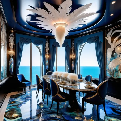 Prompt: 1920's Indian psychedelic Elaborate jewel beaded abalone eagle feathers murals Swarovski black and white and blue and indigo Monaco Indian Dubai Egyptian  yacht dining room with ocean view windows and elegant pearl abalone decor and tall micro orchids as a Sandro Botticelli painting interior design with blue watercolor abalone marble floor and eagle statue made of fire opal and abalone