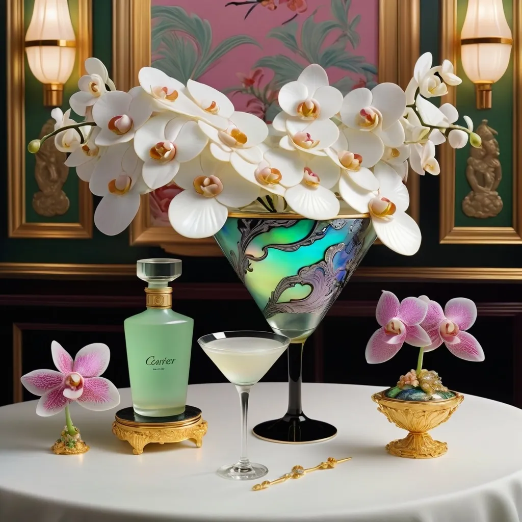 Prompt: Cartier Gatsby extravagant luxury 1990's 1920's  chinoiserie white shiny luminous abalone mother of pearl elaborate silk white platinum gold penthouse martini model in bar room with micro orchids with yellow coral green abalone and featuring pink violet jade chartreuse pearl diamond blue black and floral calligraphy art as a Sandro Botticelli painting in transcendent psychedelic style