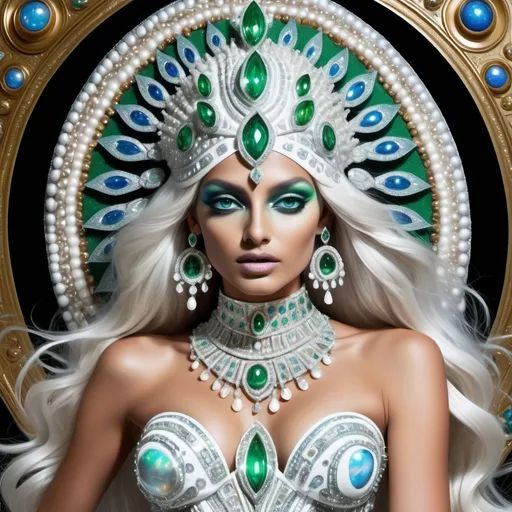 Prompt: White dreamy cosmic genie Indian water extraterrestrial goddess Monaco swedish indian casino showgirl miss India miss universe extravagant with green blueskin and platinum blonde hair and blue eyes in zuhair Murad beaded fitted embellished pearly white luminous platinum silver chrome white pearl opal diamond Swarovski crystal costume gown as a Sandro Botticelli full body cosmic planetary painting with large Cartier royal jewels and mother of pearl