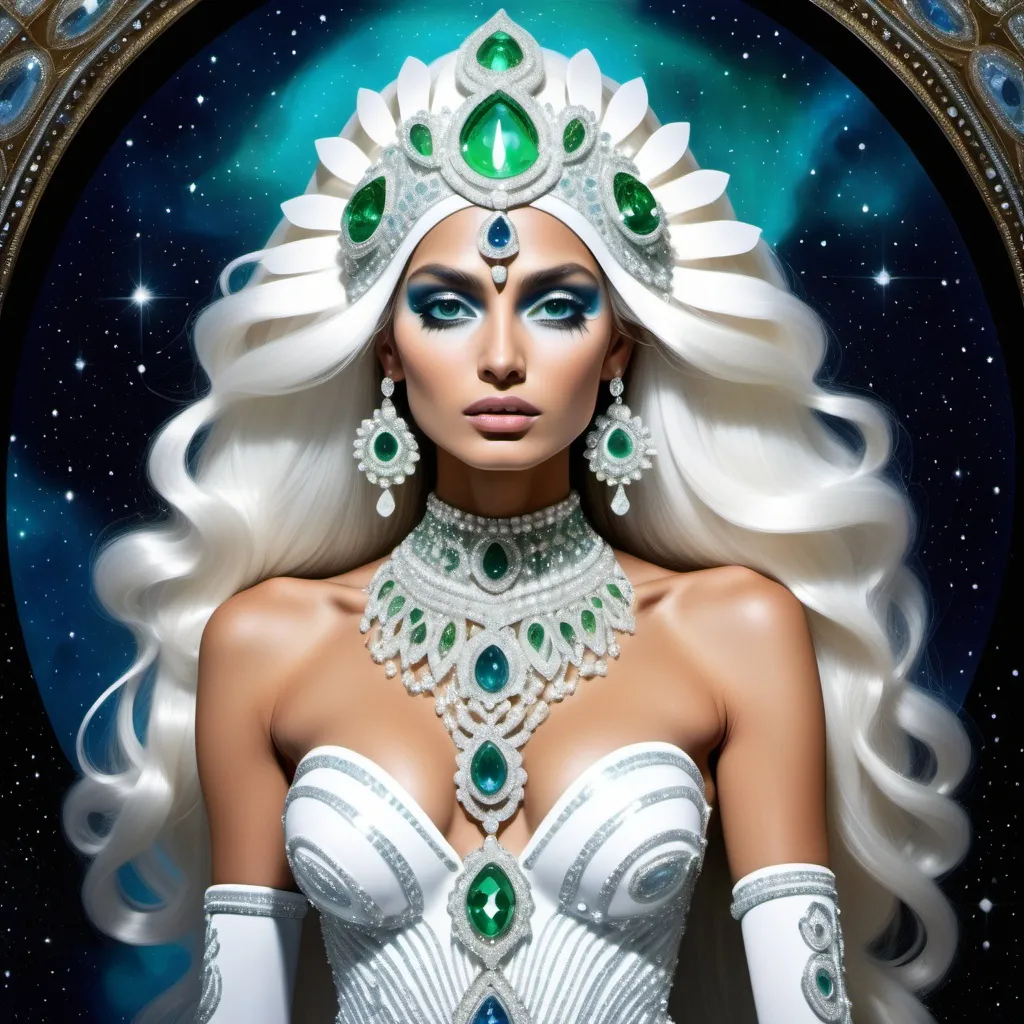 Prompt: White dreamy cosmic genie Indian water extraterrestrial goddess Monaco swedish indian casino showgirl miss India miss universe extravagant with green blueskin and platinum blonde hair and blue eyes in zuhair Murad beaded fitted embellished pearly white luminous platinum silver chrome white pearl opal diamond Swarovski crystal costume gown as a Sandro Botticelli full body cosmic planetary painting with large Cartier royal jewels and mother of pearl