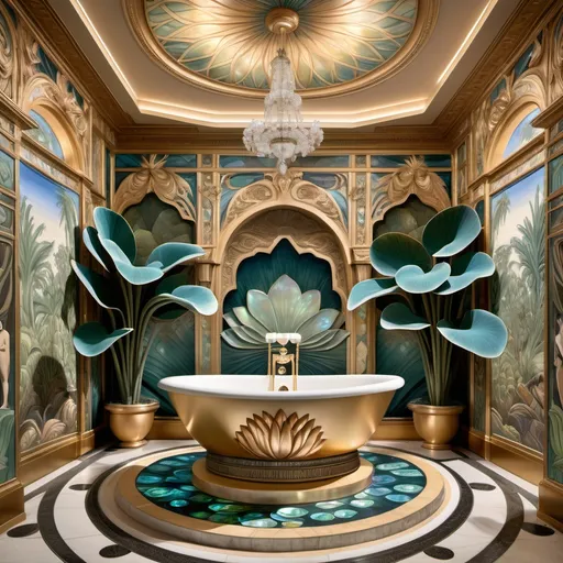 Prompt: Large 3d elaborate Royal cartier diamond lotus leafs with abalone lotus flowers in Monaco palm beach 1929's ornate luxury Egyptian mansion spa room with papyrus flowers as a  Sandro Botticelli painting