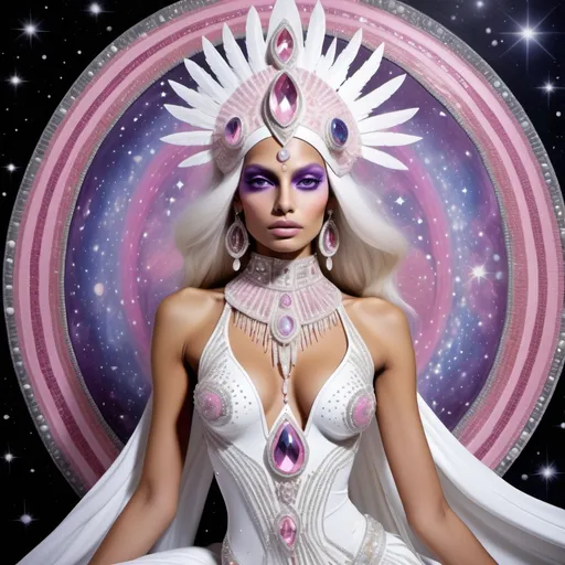 Prompt: White dreamy cosmic genie Indian water extraterrestrial goddess Monaco swedish indian casino showgirl miss India miss universe extravagant pink diamonds and platinum blonde hair and pink eyes in zuhair Murad beaded fitted embellished pearly white luminous platinum silver chrome violet white pearl opal diamond Swarovski crystal costume gown as a Sandro Botticelli full body cosmic planetary Star Trek alien goddess painting with large Cartier royal jewels and mother of pearl milky way venus Aphrodite themed