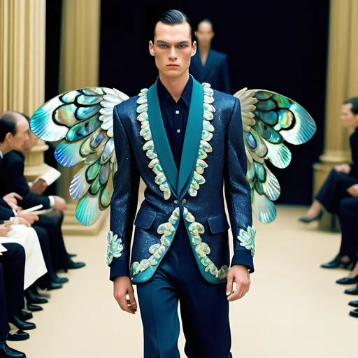 Prompt: Chanel Armani Gatsby extravagant luxury 1990's 1920's 1940's fashion in Navy indigo black turquoise mother of pearl emerald abalone on swedish Monaco slender tall gorgeous masculine muscular male model in elaborate beaded 1920's Chanel japanese fitted kimono iris van herpen silk embroidered pant suit with chartreuse ABALONE ANGEL WINGS and with black hair as a Sandro Botticelli Portrait full body painting in Monaco casino