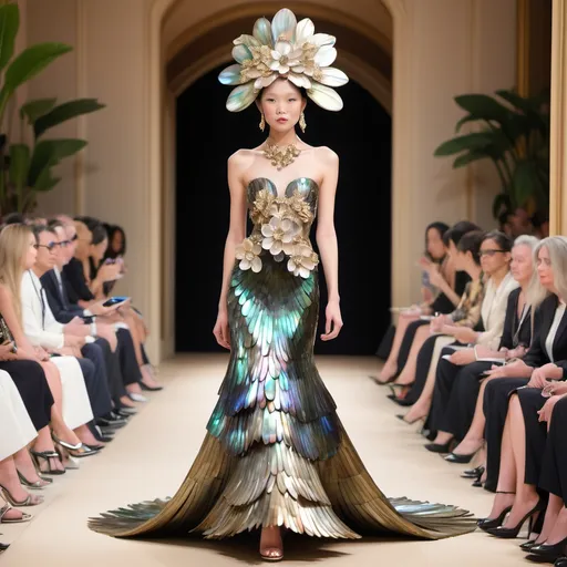 Prompt: Monaco female model with cartier whimsical gorgeous Chen Lu, aestheticism,  featuring abalone and Mother of pearl and black Tony Ward  Valentino fitted gold gown full length body photo on runway with floral heels Large Balinese micro orchid abalone headdress