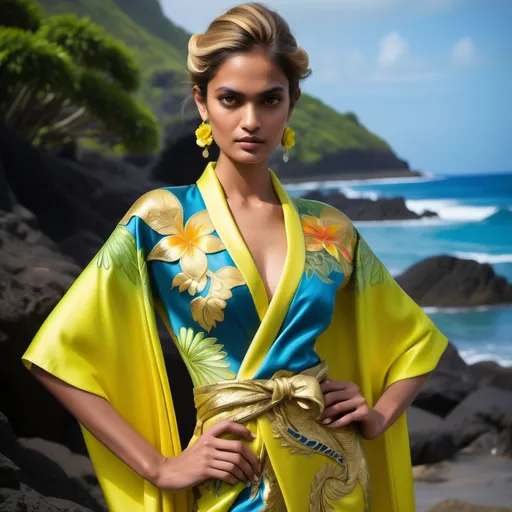 Prompt: rahul mishra , oscar de la renta , zuhiar murad Hawaiian yellow pheonix and plumeria exotic dragon thai kimono gown island outfit | gorgeous vibrant feminine gorgeous tan monaco casino female styled updo golden metallic hair blue eyes divine elaborate nepal greek sun goddess seraphim India Couture embellished abalone yellow topaz neon yellow gold lime chartreuse silk Indian Royal gown fashion with opals platinum gold and abalone Swarovski gold abalone headdress as a Sandro Botticelli painting