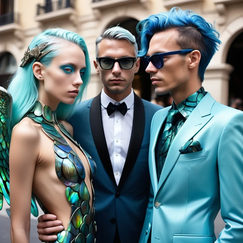 Prompt: a handsome male Catalan Greek swedish divine sacred male model with blue hair and blue abalone Armani silk suit and iris van herpen arch Angel Michael wings a Monaco Bulgarian swedish French gorgeous female model with aqua hair and lavish cartier with whimsical gorgeous extravagant aestheticism,  featuring blue abalone and Mother of pearl and chartreuse  turquoise black Prada Armani emilio pucci Valentino fitted Balinese Amazonian silk gown as a Sandro Botticelli portrait painting with large Balinese Polynesian Cartier white  abalone headdress with green opals