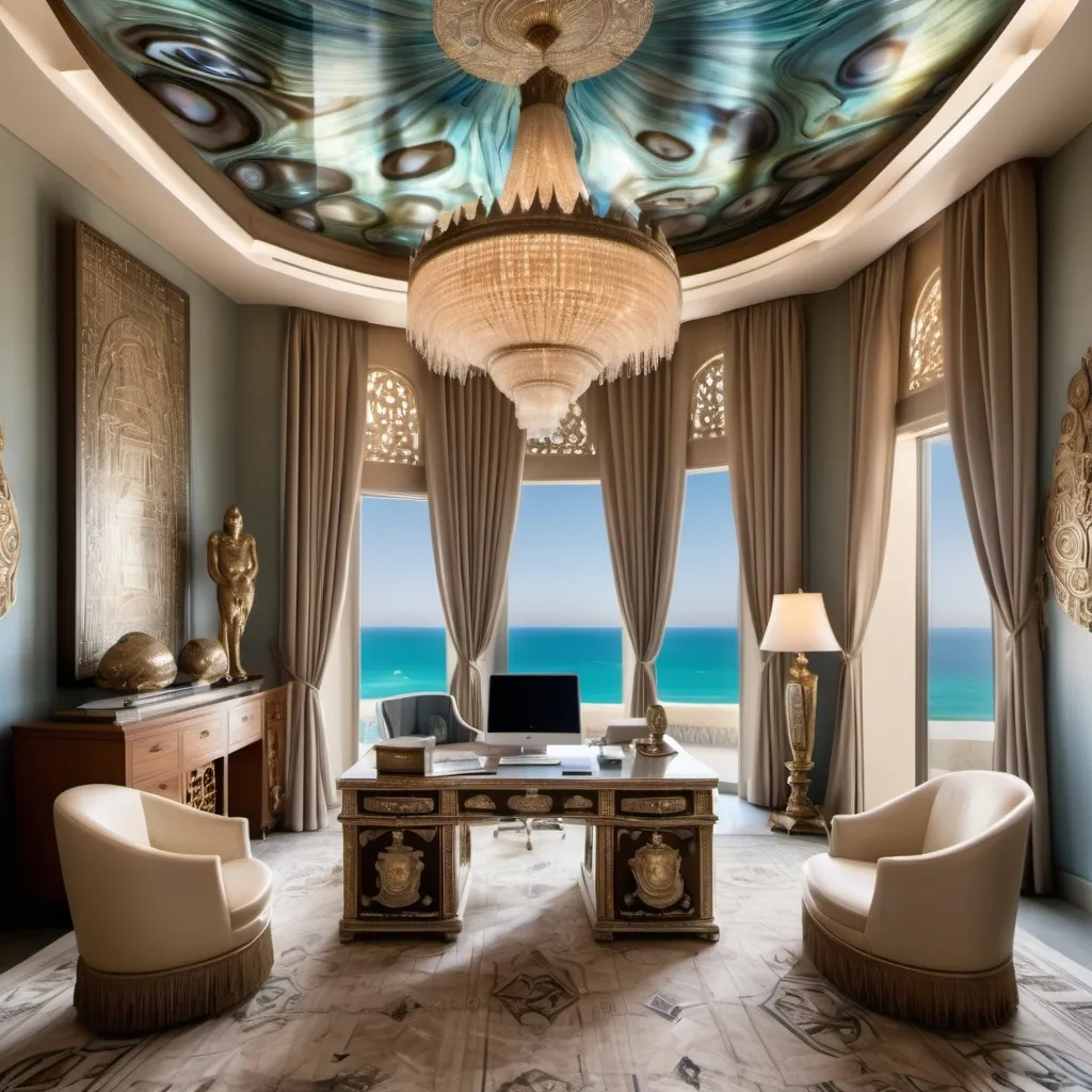 Prompt: Egyptian Dubai royal Mediterranean Balinese office covered in platinum abalone and abalone silk and as a Sandro Botticelli painting with elaborate abalone chandeliers and high ceilings and ocean views