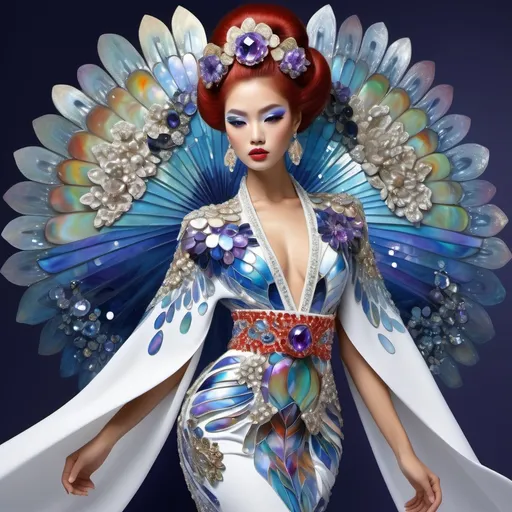 Prompt: Divine Angelic gorgeous feminine goddess Polynesian Hawaiian Balinese Thai Japanese geisha miss japan miss universe extravagant costume with vibrant red styled hair and purple eyes in zuhair Murad beaded fitted kimono gown in embellished pearly white blue gold navy indigo Abalone pastel blue luminous blue topaz platinum silver chrome white pearl opal diamond Swarovski crystal as a Sandro Botticelli full body painting with large Cartier green large royal floral jewels and mother of pearl and green psychedelic abalone emerald chartreuse headdress