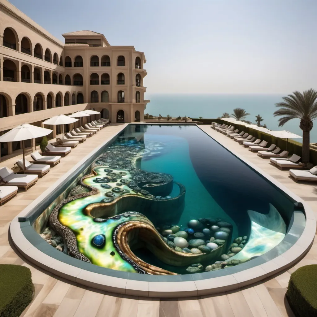 Prompt: Egyptian Dubai royal Mediterranean Balinese outdoor pool with abalone covered in platinum abalone and abalone silk and as a Sandro Botticelli painting with ocean views