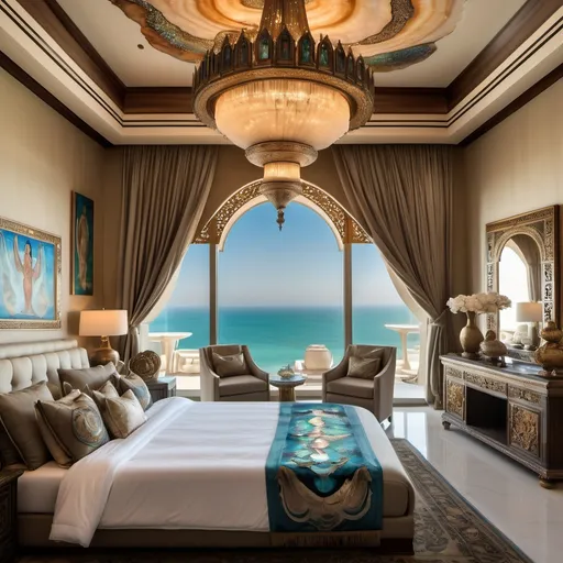 Prompt: Egyptian Dubai royal Mediterranean Balinese penthouse bedroom covered in abalone and abalone silk and as a Sandro Botticelli painting with elaborate abalone chandeliers and high ceilings and ocean views