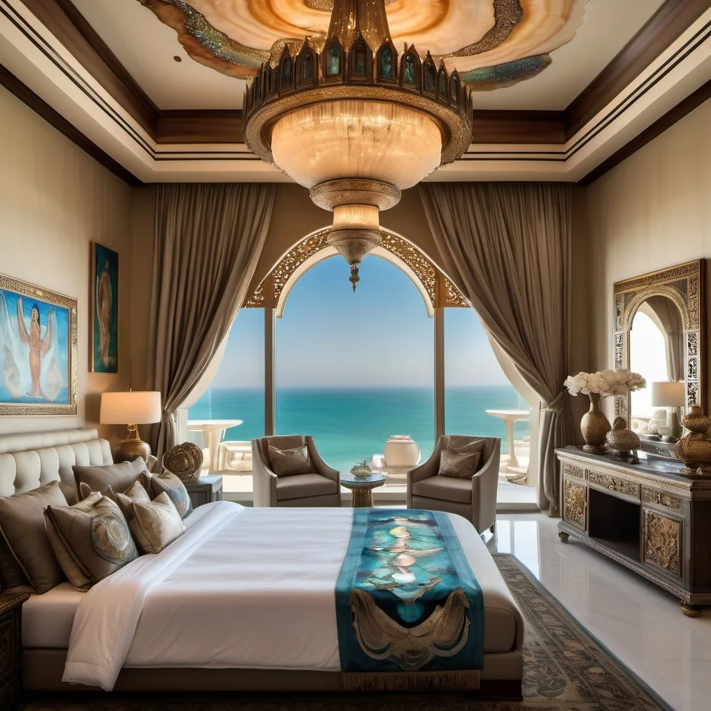 Prompt: Egyptian Dubai royal Mediterranean Balinese penthouse bedroom covered in abalone and abalone silk and as a Sandro Botticelli painting with elaborate abalone chandeliers and high ceilings and ocean views