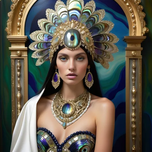 Prompt: a Monaco Bulgarian swedish French gorgeous female model with navy hair and lavish cartier with whimsical gorgeous extravagant  exotic aestheticism,  featuring violet white platinum gold abalone and Mother of pearl vibrant beaded zuhair Murad  ornate Swarovski abalone gown as a Sandro Botticelli portrait painting with large Balinese Polynesian Cartier gold  headdress with green abalone