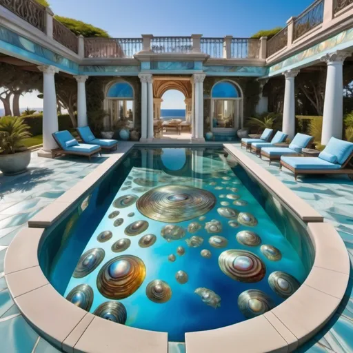 Prompt: Blue abalone and mother of pearl whimsical Renaissance enchanted executive penthouse outdoor pool in extravagant Ocean mansion as a Sandro Botticelli painting with dreamy blue hues