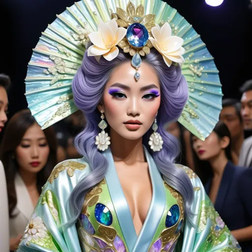 Prompt: Divine Angelic gorgeous feminine goddess Polynesian Hawaiian Balinese Thai Japanese geisha miss japan miss universe extravagant costume with vibrant pastel green bold styled hair and purple eyes in zuhair Murad beaded fitted kimono gown in embellished pearly white blue gold navy indigo Abalone pastel blue luminous blue topaz platinum silver chrome white pearl opal diamond Swarovski crystal as a Sandro Botticelli full body painting with large Cartier green large royal floral jewels and mother of pearl and green psychedelic abalone emerald chartreuse headdress