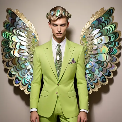 Prompt: Divine Magnificent  dreamy whimsical French  abalone lime green Swarovski crystal zuhair murad watercolor outfit on slender attractive tan tall male model with vibrant green hair pan am 1990's pilot with two abalone angel wings in center of back as a Sandro Botticelli painting 1950's pan am extravagant luxury