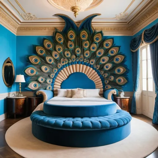 Prompt: Luxurious giant peacock plume shaped bed in a lavish mansion large bedroom as a Sandro Botticelli painting with blue topaz stones