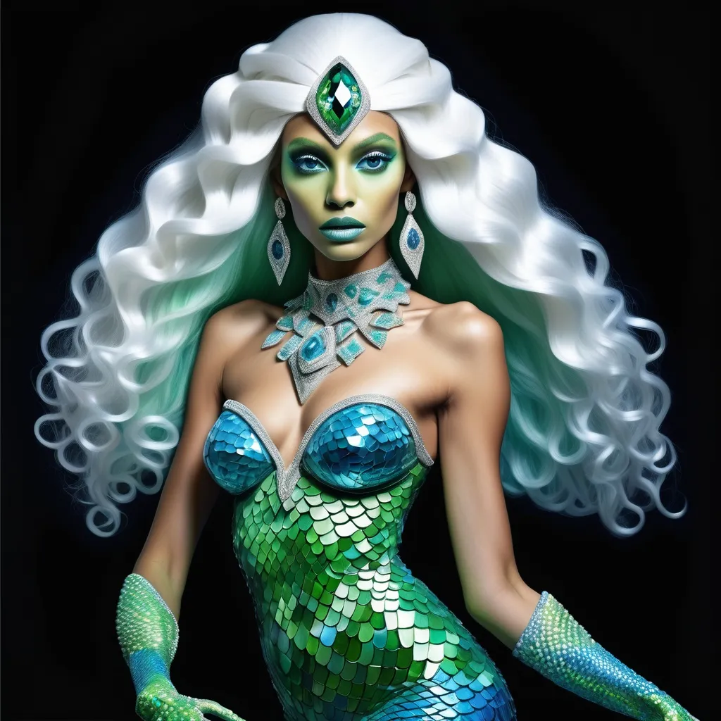 Prompt: Alien martian dreamy cosmic genie Indian  extraterrestrial platinum blue hair and bright green alien dragon scale mermaid scale skin texture with aqua eyes in zuhair Murad beaded fitted embellished pearly white luminous platinum silver chrome blue white pearl opal diamond Swarovski crystal costume gown as a Sandro Botticelli full body cosmic planetary Star Trek Green alien goddess dancer painting with large Cartier royal jewels and mother of pearl milky way  themed