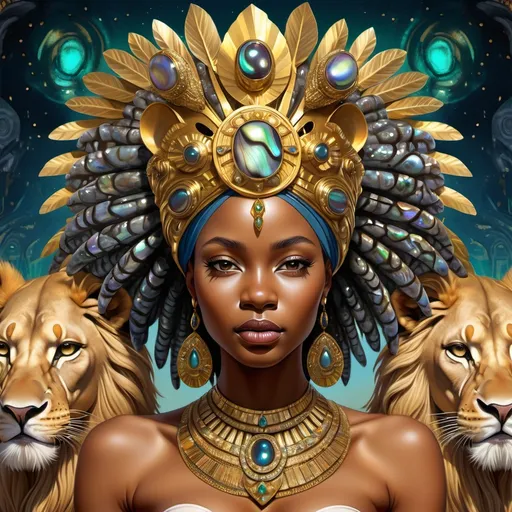 Prompt: Gorgeous Swahili goddess from south Africa with an ornate regal jeweled gold lion abalone headdress and a lion behind her, , Chinwe Chukwuogo-Roy, afrofuturism, highly detailed digital painting, a photorealistic painting