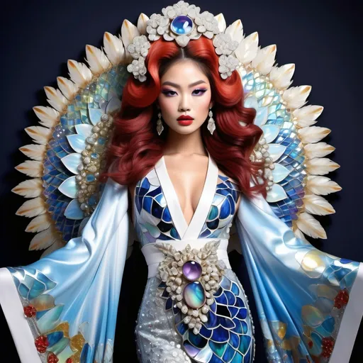 Prompt: Divine Angelic gorgeous feminine goddess Polynesian Hawaiian Balinese Thai Japanese geisha miss japan miss universe extravagant costume with vibrant red styled hair and purple eyes in zuhair Murad beaded fitted kimono gown in embellished pearly white blue gold navy indigo Abalone pastel blue luminous blue topaz platinum silver chrome white pearl opal diamond Swarovski crystal as a Sandro Botticelli full body painting with large Cartier green large royal floral jewels and mother of pearl and green psychedelic abalone emerald chartreuse headdress